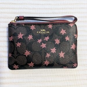 Coach Corner Zip Wristlet; Brown With Pink Stars